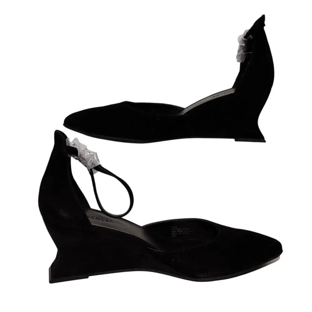 Aerosoles Isra Wedge Pumps Almond Toe Ankle Strap Black Suede Womens US 10M NEW